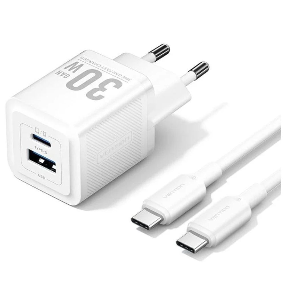 Cargador Vention 1xUSB Tipo-C+ USB + Cable C-C 30W