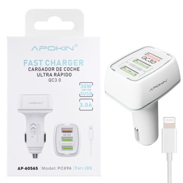 CARGADOR 30W COCHE TRIPLE USB 3.0 LIGHTNING PC-896