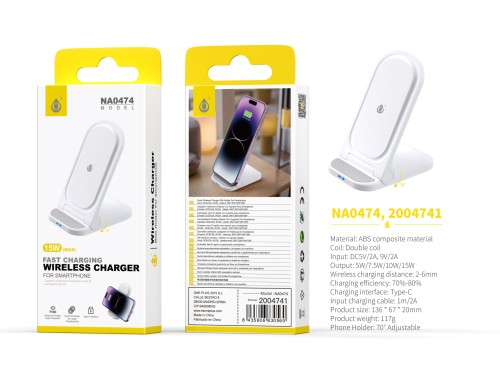 Cargador inalambrico con soporte para movil, 15W