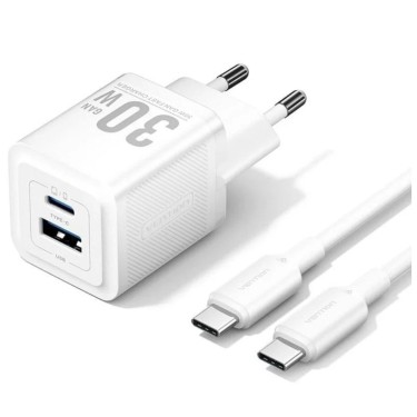 Cargador Vention 1xUSB Tipo-C+ USB + Cable C-C 30W