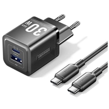 Cargador Vention 1xUSB + USB Tipo-C+ Cable C-C 30W